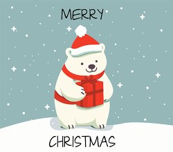 cute white polar bear holding gift with merry christmas text