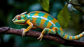 colorful blue yellow chameleon perched on a branch