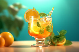 glass filled with ice tea and a lemon wedge