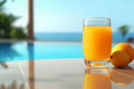 glass of mango juice next to a pool with a blue sky in the backg