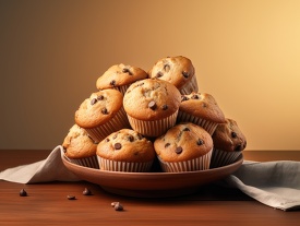 muffins placed on a wooden table with a blurred background