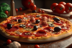 Tasty pepperoni pizza with mushrooms and olives on wooden plate