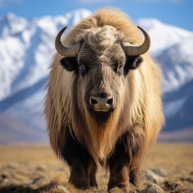 Tibetan Takin front view with snow filled mountains in the backg