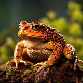 Toad sits on moss filled wooden plant