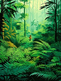 Vector art of a dense jungle with tall ferns