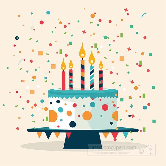 colorful birthday cake with candles confetti