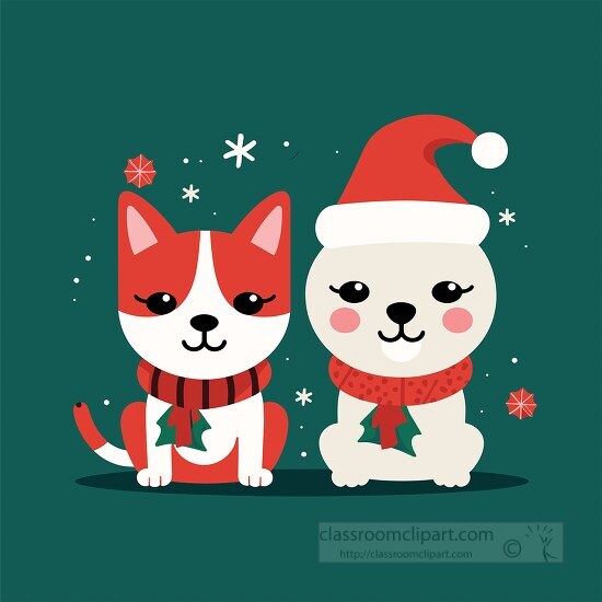 cute pets dog and cat wearing holiday hats and christmas clothin