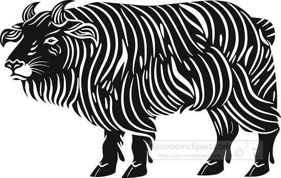 simple Folk art black and white style illustration of a musk ox