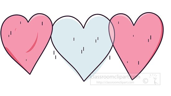 three cartoon style hearts in pink blue red colors