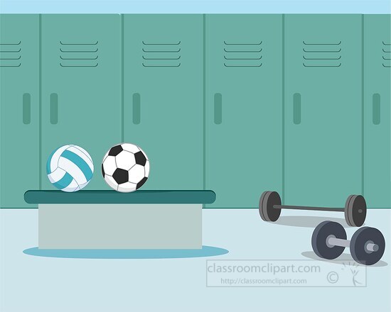 two balls are sitting on top of a bench in a gym clip art