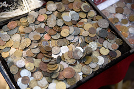 old coins for sale at outdoor market in yangon myanmar