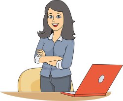 woman standing near laptop computer clipart