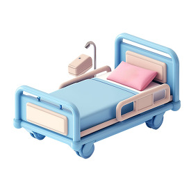 3D claymation style illustration of a hospital bed with a blue f