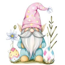 Easter gnome with colorful eggs and flowers