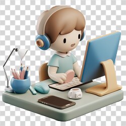 person working on a computer wearing headphones 3d clay icon transparent png
