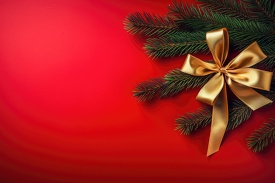 red holiday background with christmas tree branches with large gold bow